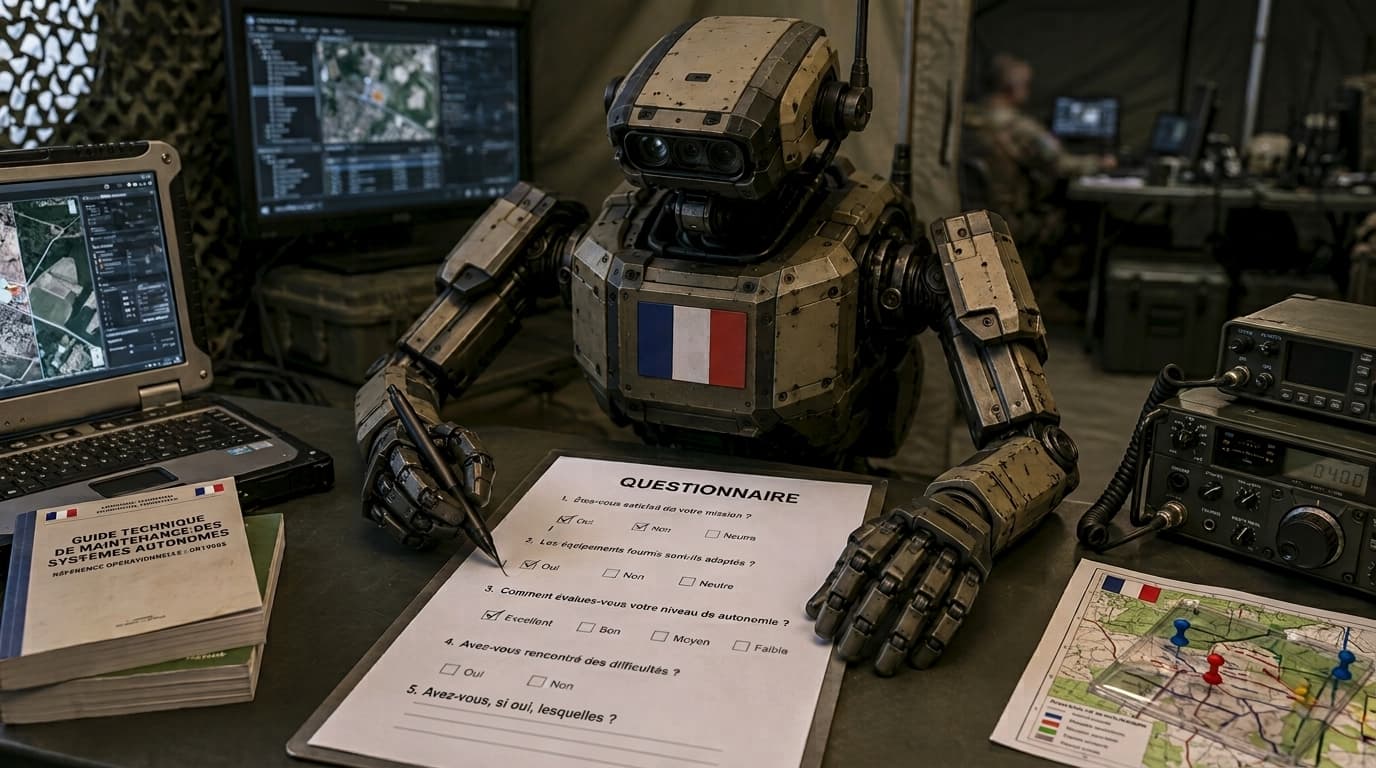 Robot militaire remplissant un questionnaire dans un poste de commandement.